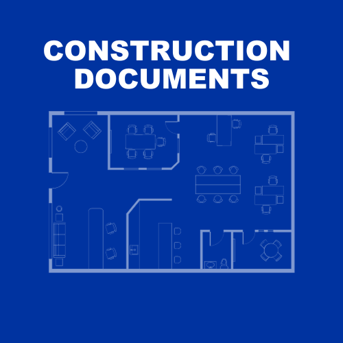 Blue graphic with cartoon blueprints. Title reads, "Construction Documents, July 2024" in white.