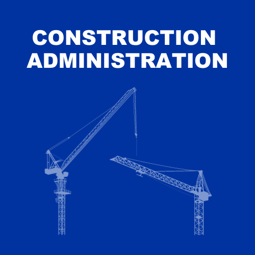 Cartoon construction cranes on blue background. Title at top reading, "Construction Administration, December 2024" in white.