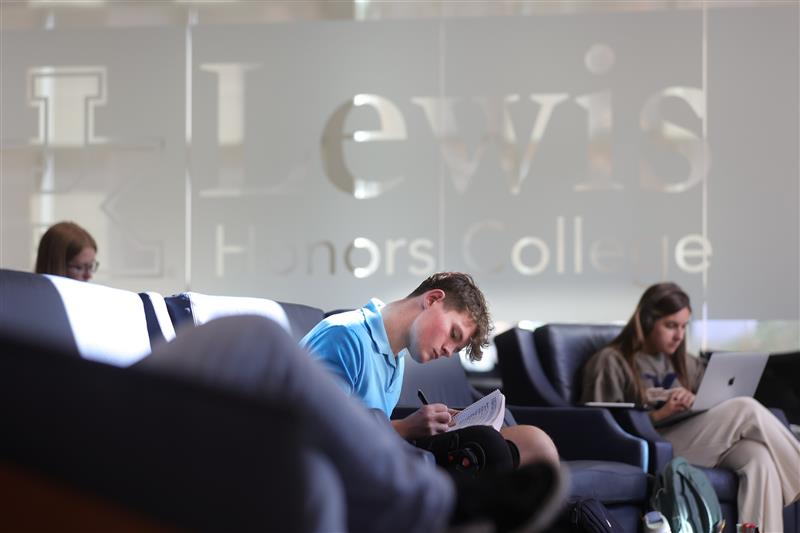 Students sitting on couches in the Lewis Honors College and studying.