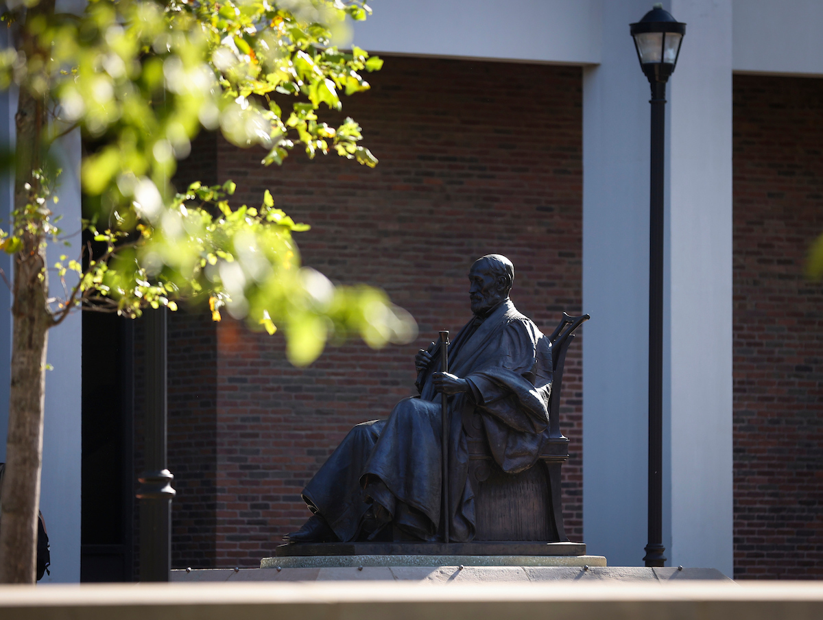 A statue of James Patterson, former president of the University of Kentucky, outside the Patterson Office Tower.
