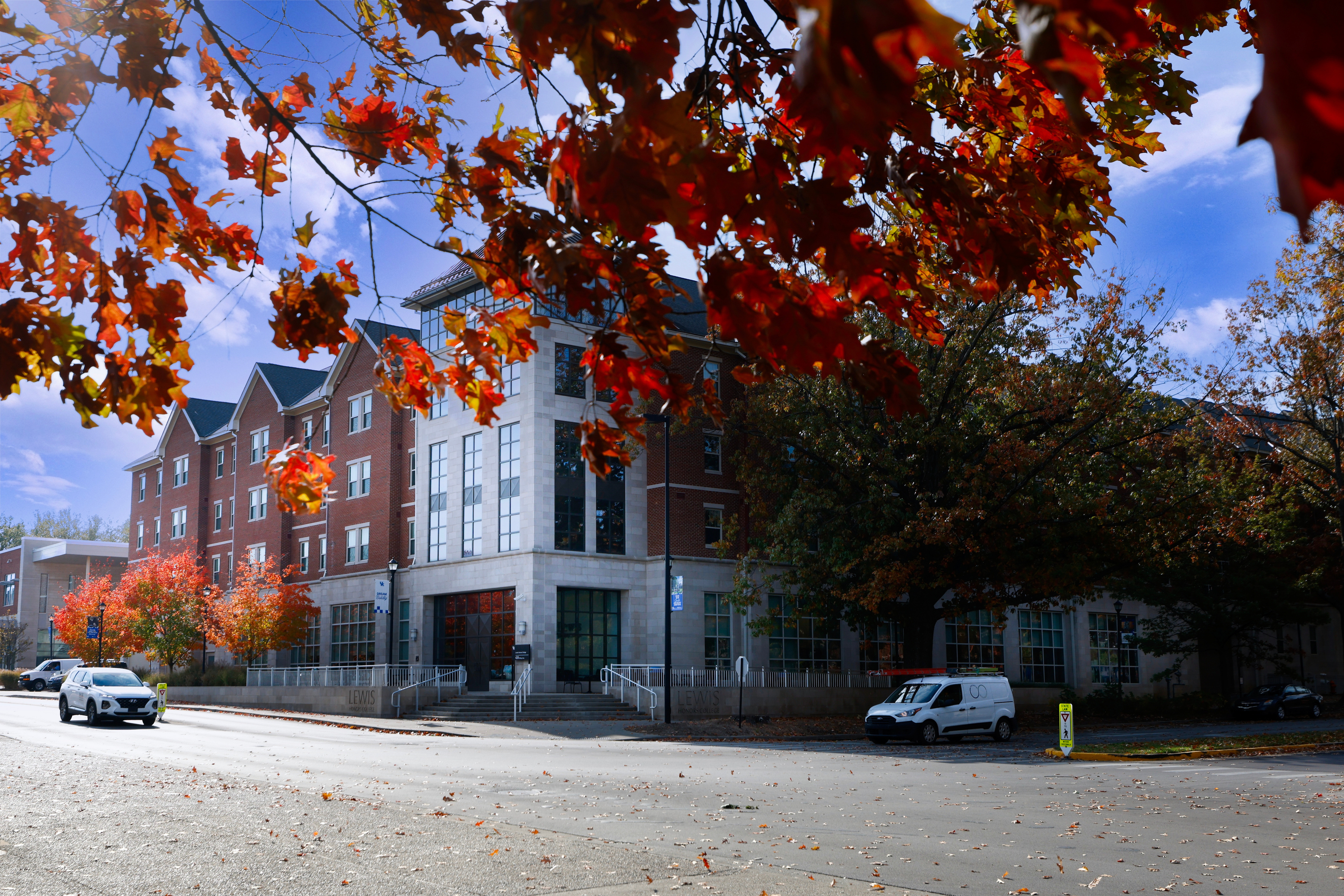 Outside of Lewis Honors College in the fall season. 