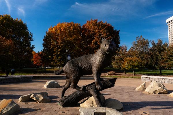 Wildcat statue and fall foliage