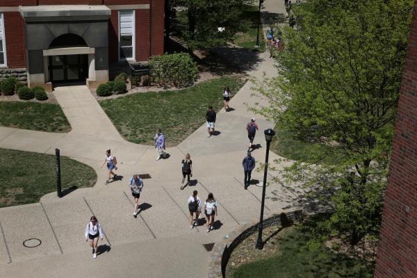 Aerial view of students walking on campus