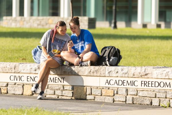 two students sitting on a low stone wall, looking at one of their phones. It is a sunny day, and there is a small field of green grass behind them. 