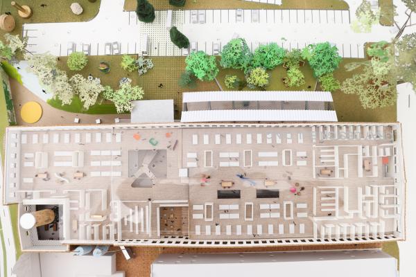 A top-down view of a model of the Gray Design building.