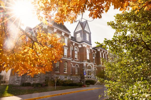 a large brick building with fall leaves surrounding the frame