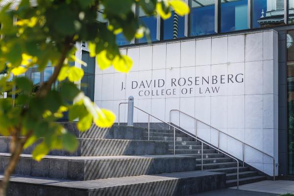 "J. David Rosenberg College of Law" engraved on the wall outside the building. 