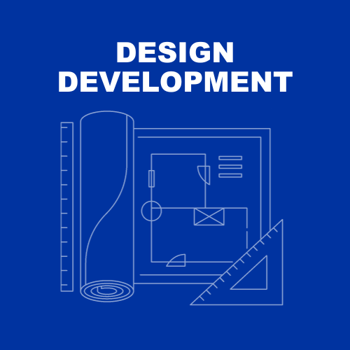 Blue graphic of blueprints. Title reading, "Design development, January 2024" in white.