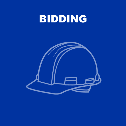 Cartoon construction hat on blue background. Title on top reading, "Bidding, October 2024" in white.