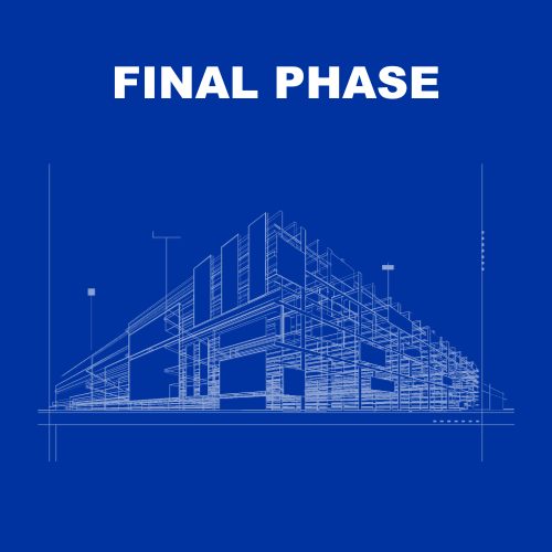 White sketch of building on blue background. Title at top reading, "Final Phase, June 2026" in white letters.