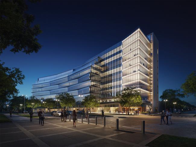 Nighttime rendering of new building with a modern design and many windows. 