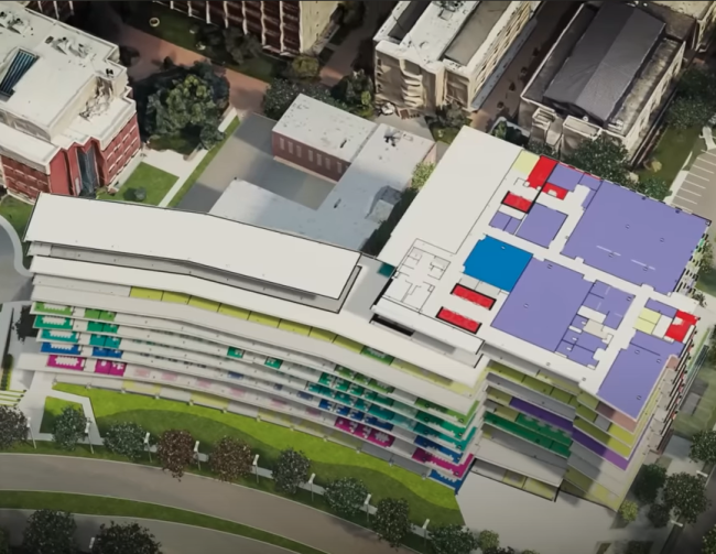 Rendering of new building color coding the different floors.