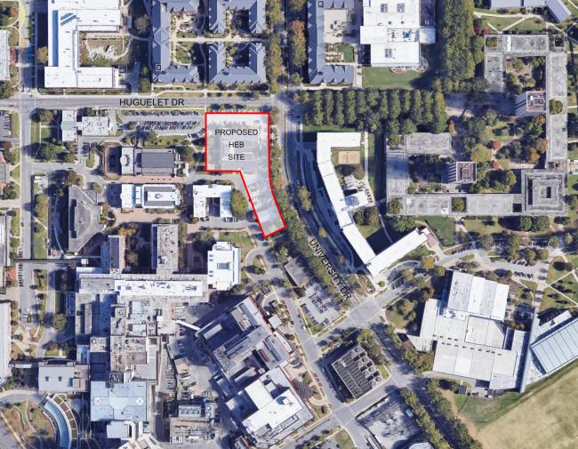 Aerial view of Huguelet Drive and University Drive with the Proposed HEB site outlined.