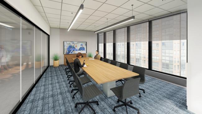 a rendering of a conference room with a long wooden table, rolling chairs and floor to ceiling windows