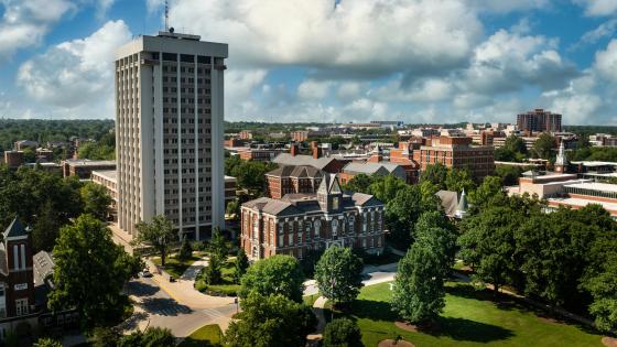 Aerial photo of Patterson Office Tower (POT) and surrounding campus buildings
