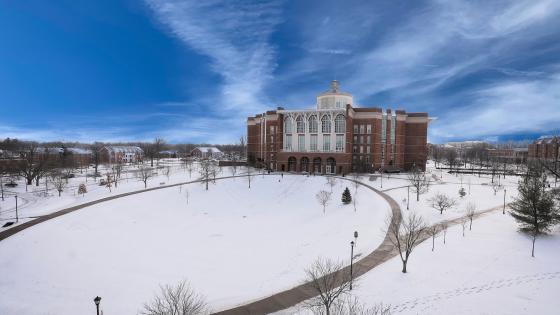 This is a photo of the UK Library in the snow.