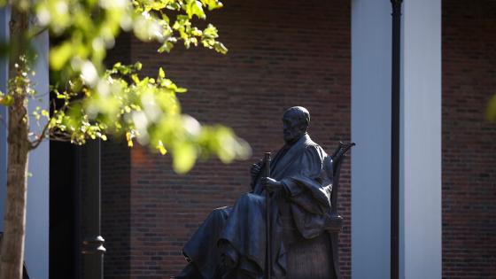 A statue of James Patterson, former president of the University of Kentucky, outside the Patterson Office Tower.