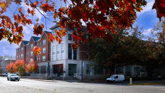 Outside of Lewis Honors College in the fall season. 