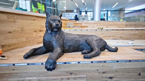 A statue of Bowman inside the UK Gatton Student Center on wooden stairs and students walking in the background.