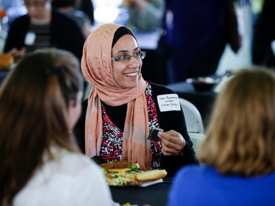 New employees eat lunch together at orientation