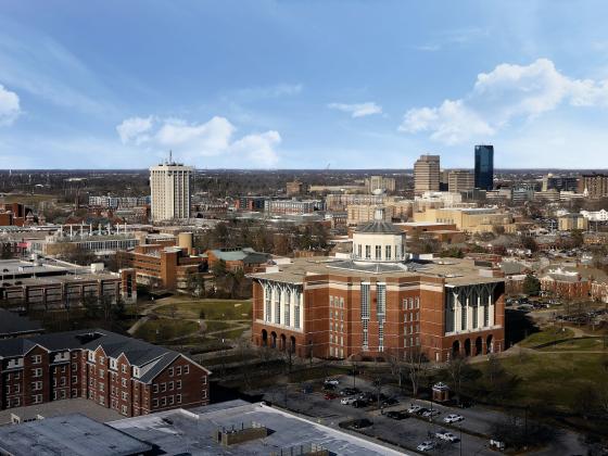 Aerial view of campus and downtown Lexington