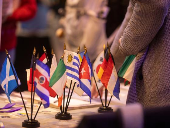 Photo of miniature flags from countries around the world on a table display at an event for the UK International Center
