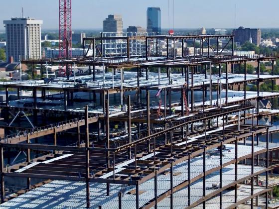 An aerial shot of the exterior framework of the Rankin Health Education Building.