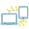 a cartoon computer and tablet with lines coming out from both machines that are connecting the machines to one another